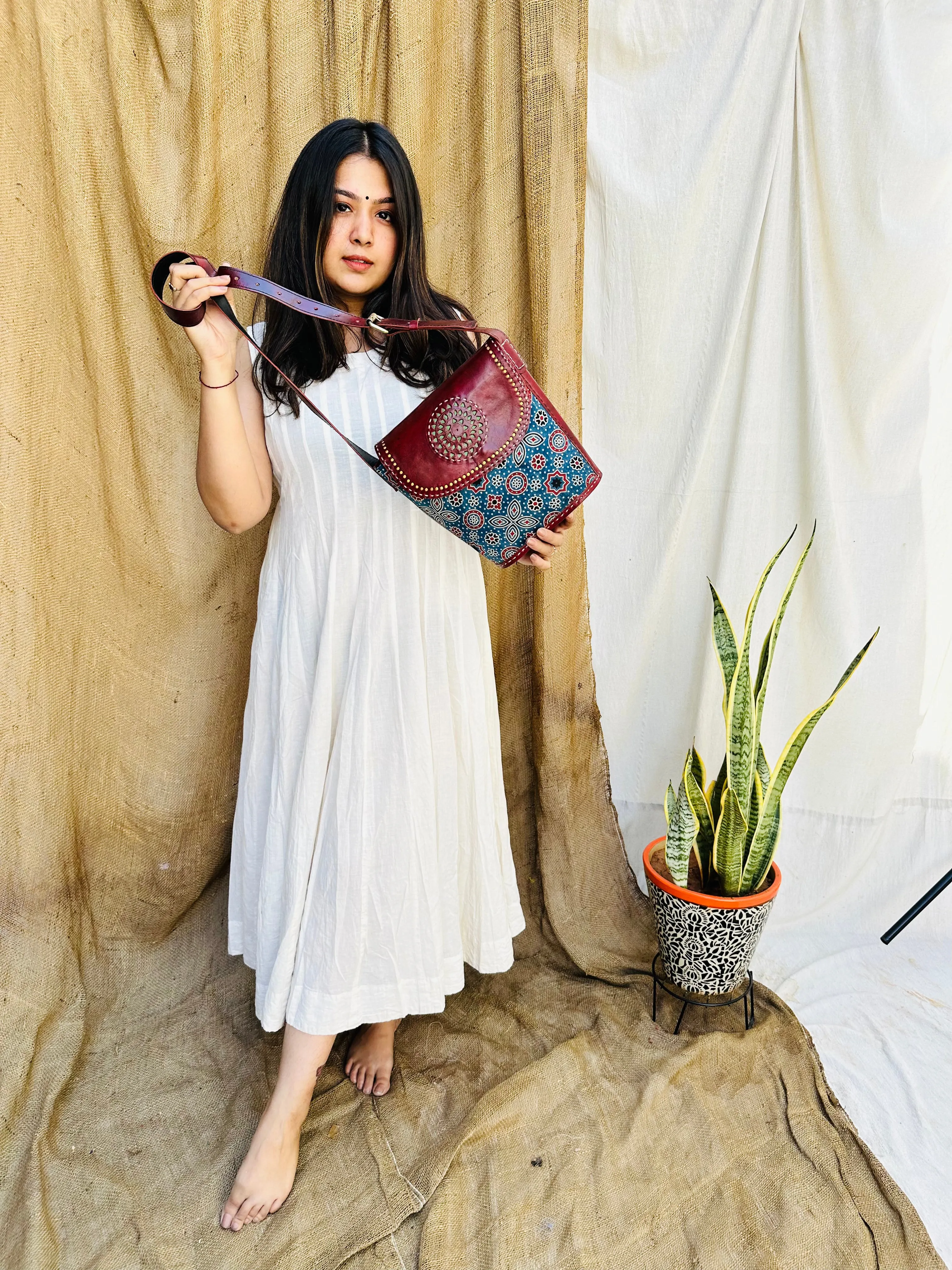 Ajarakh Blue Leather Bucket Bag