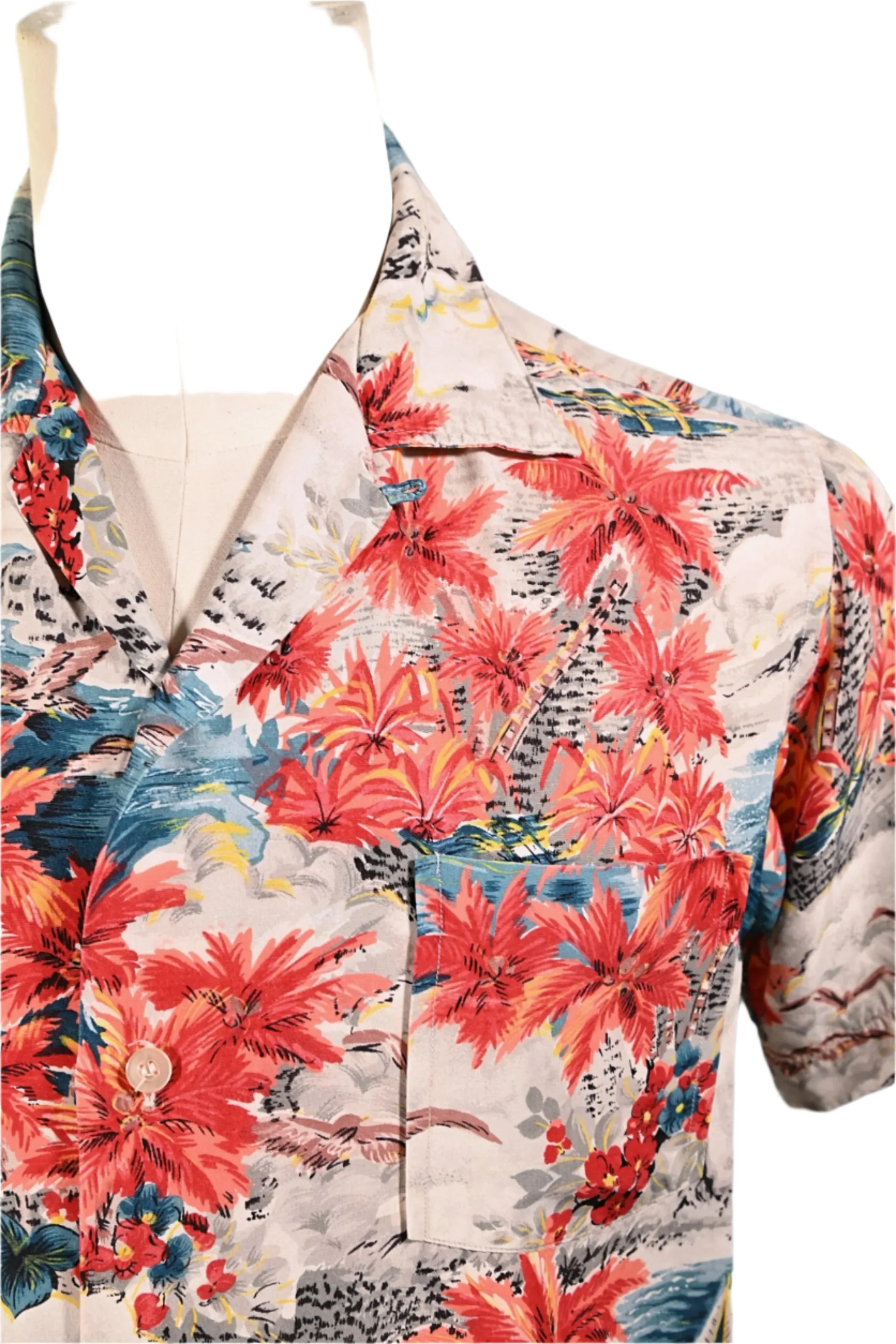 Aloha Screen Print Vintage 50s Rayon Hawaiian Shirt, Made in Japan M