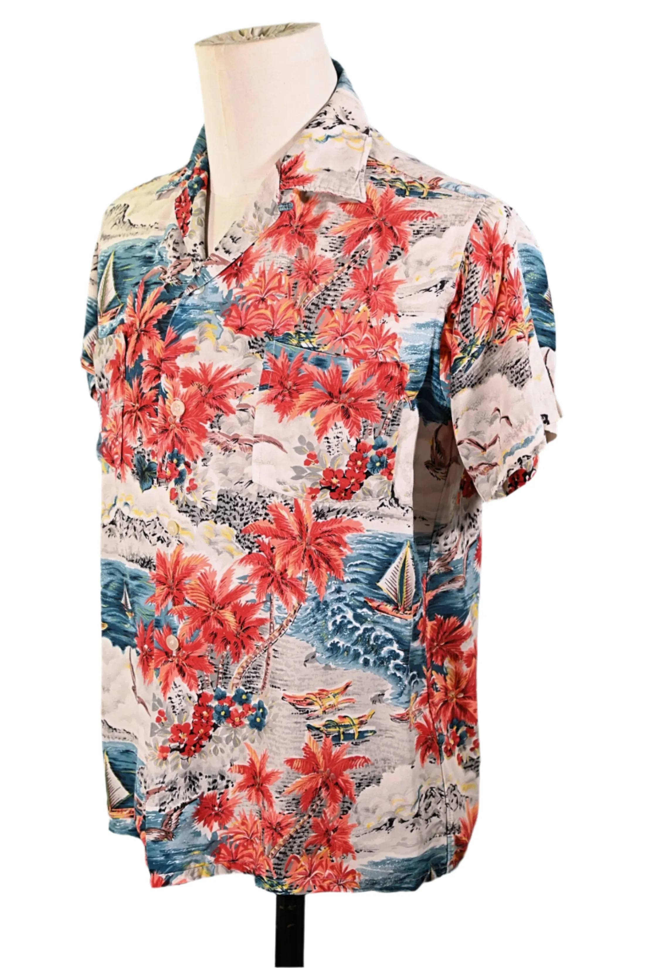 Aloha Screen Print Vintage 50s Rayon Hawaiian Shirt, Made in Japan M
