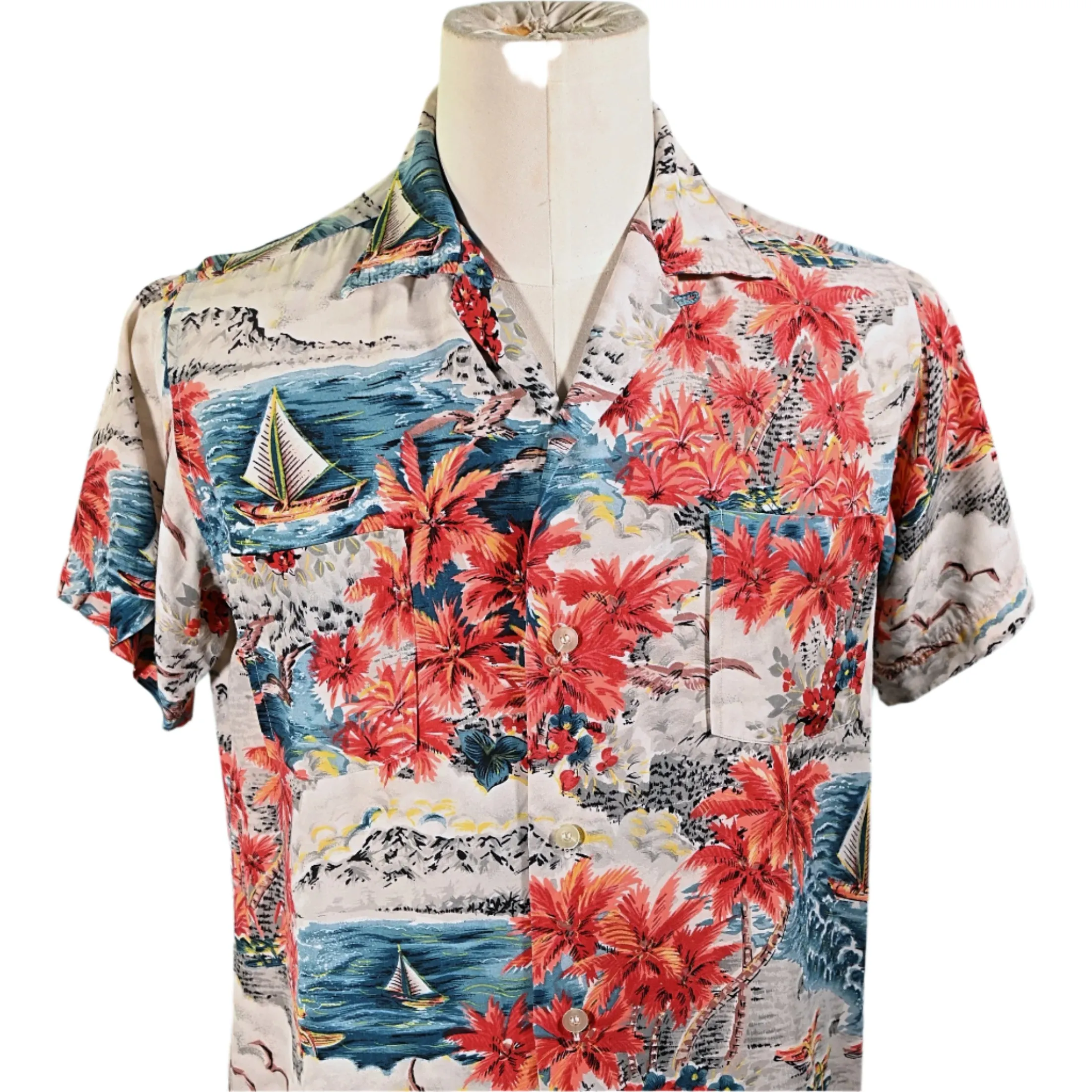 Aloha Screen Print Vintage 50s Rayon Hawaiian Shirt, Made in Japan M