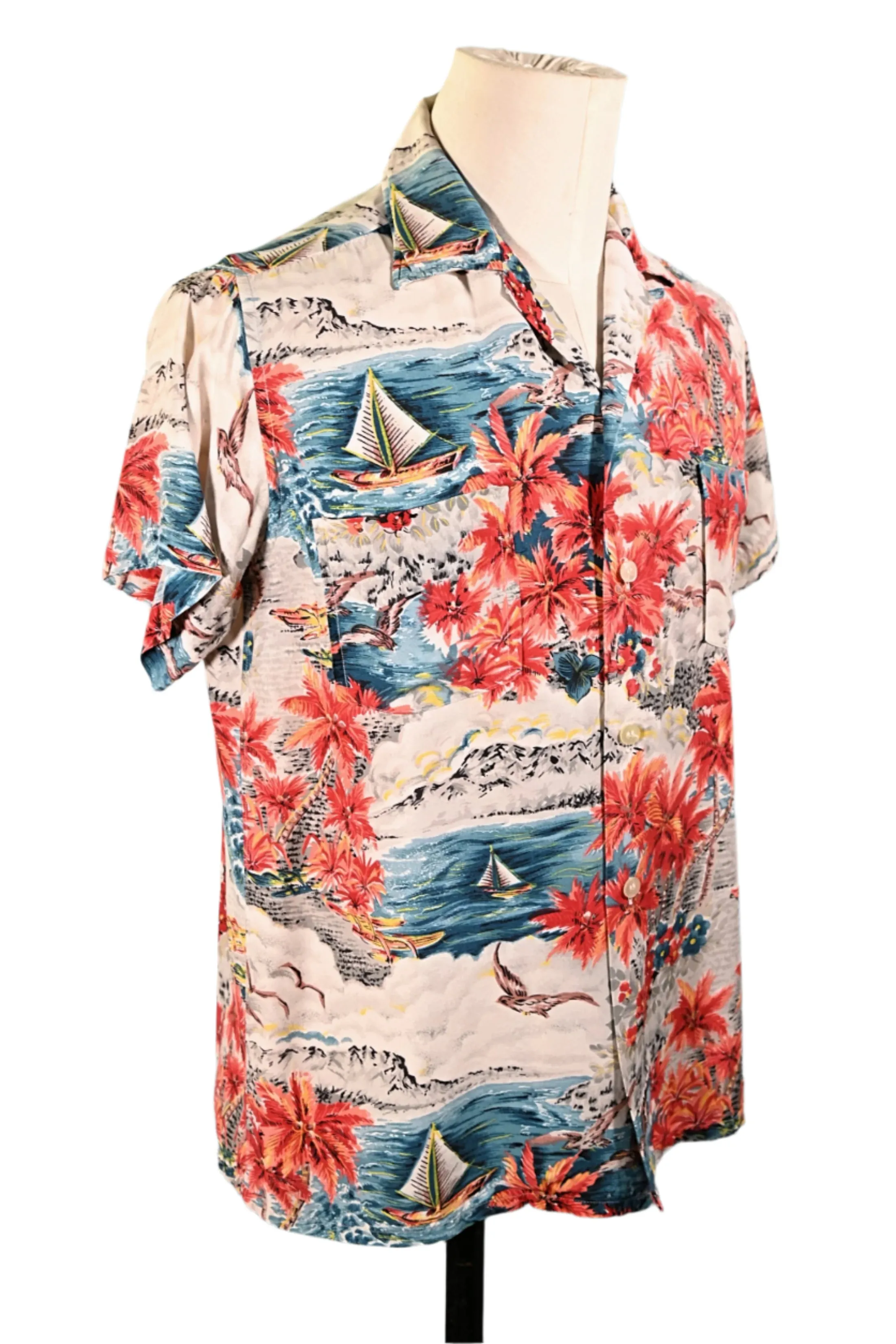 Aloha Screen Print Vintage 50s Rayon Hawaiian Shirt, Made in Japan M