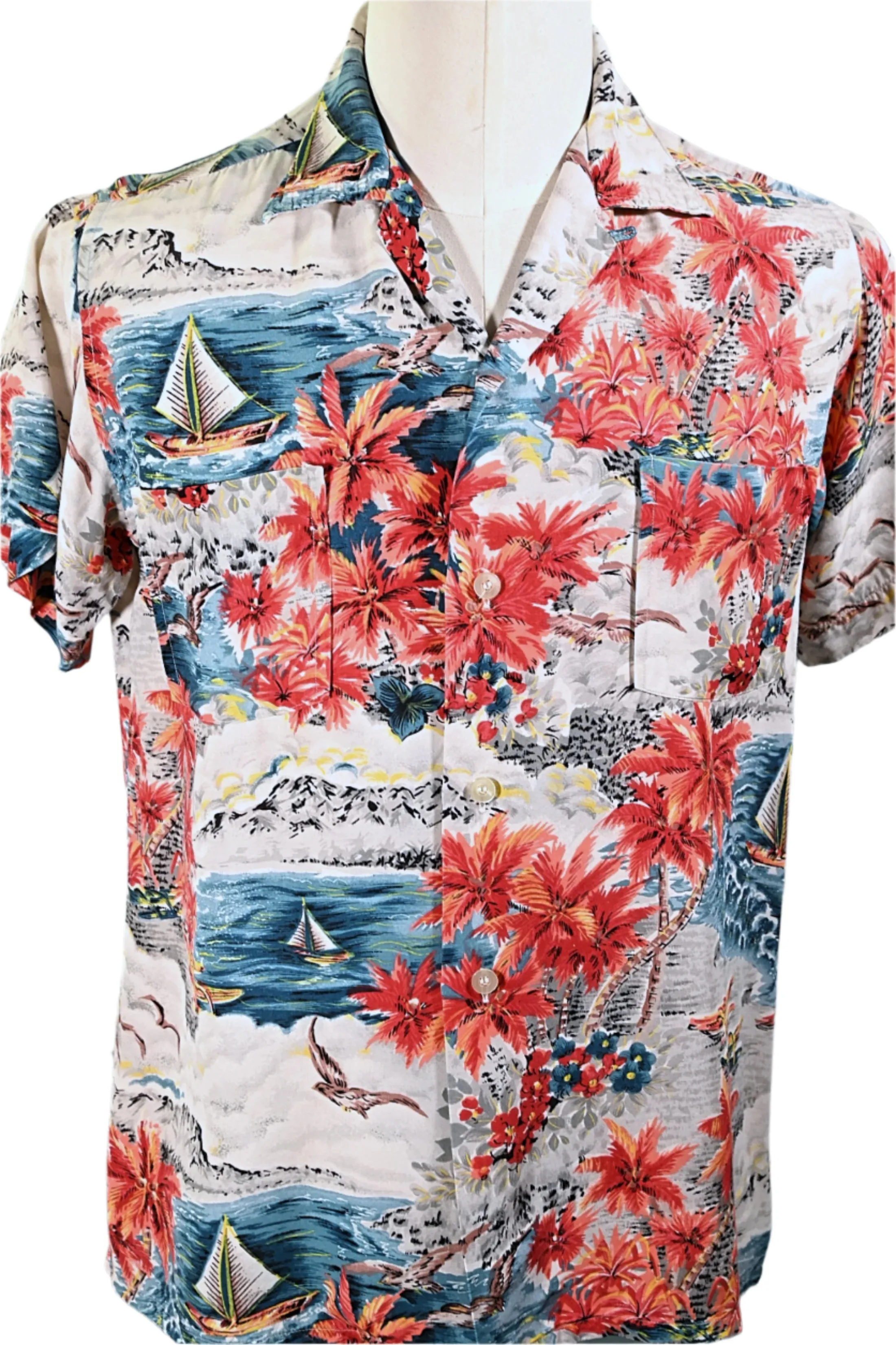 Aloha Screen Print Vintage 50s Rayon Hawaiian Shirt, Made in Japan M