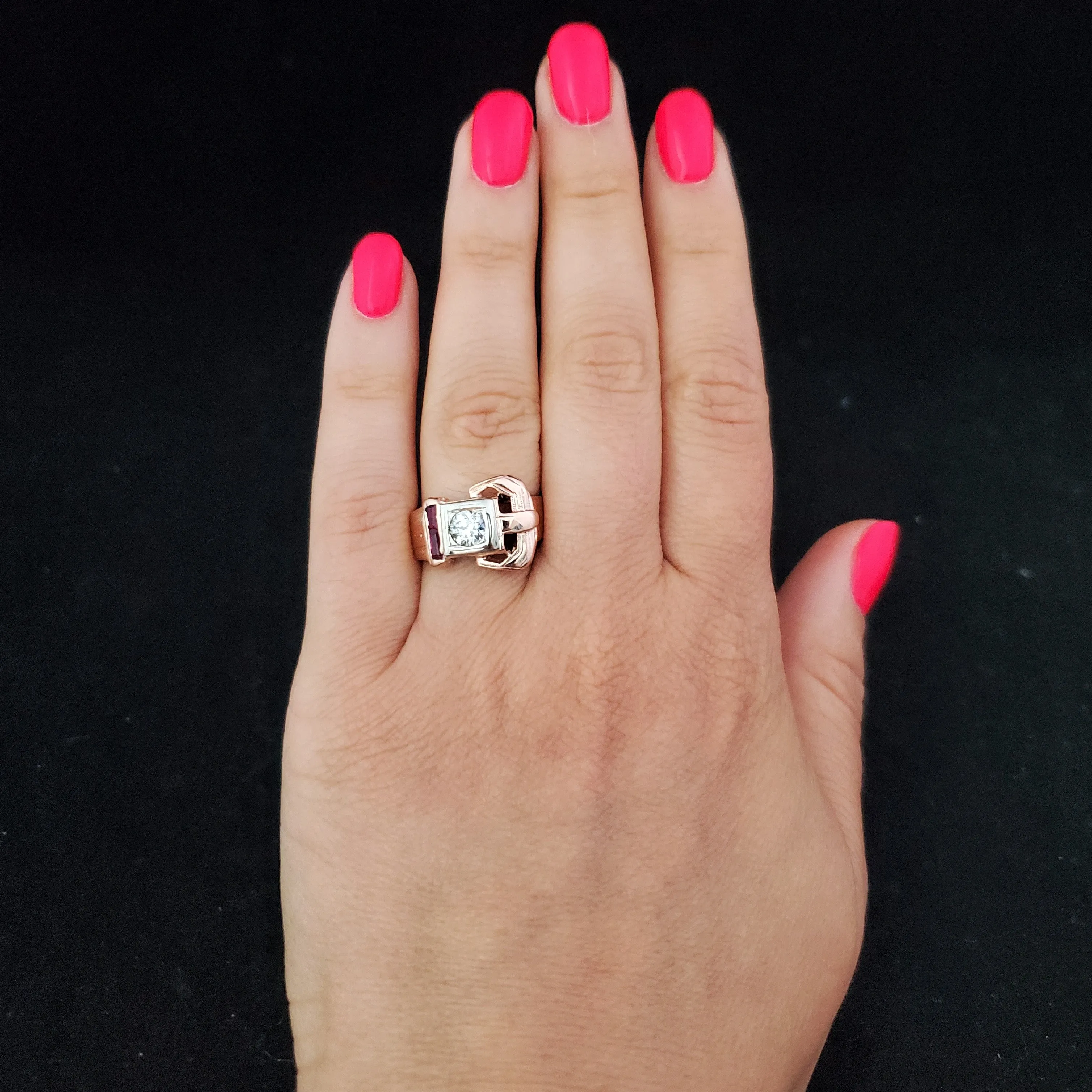 The Lombardy - 1940s Retro Era Diamond Ruby 14k Rose Gold Belt Buckle Cocktail Ring
