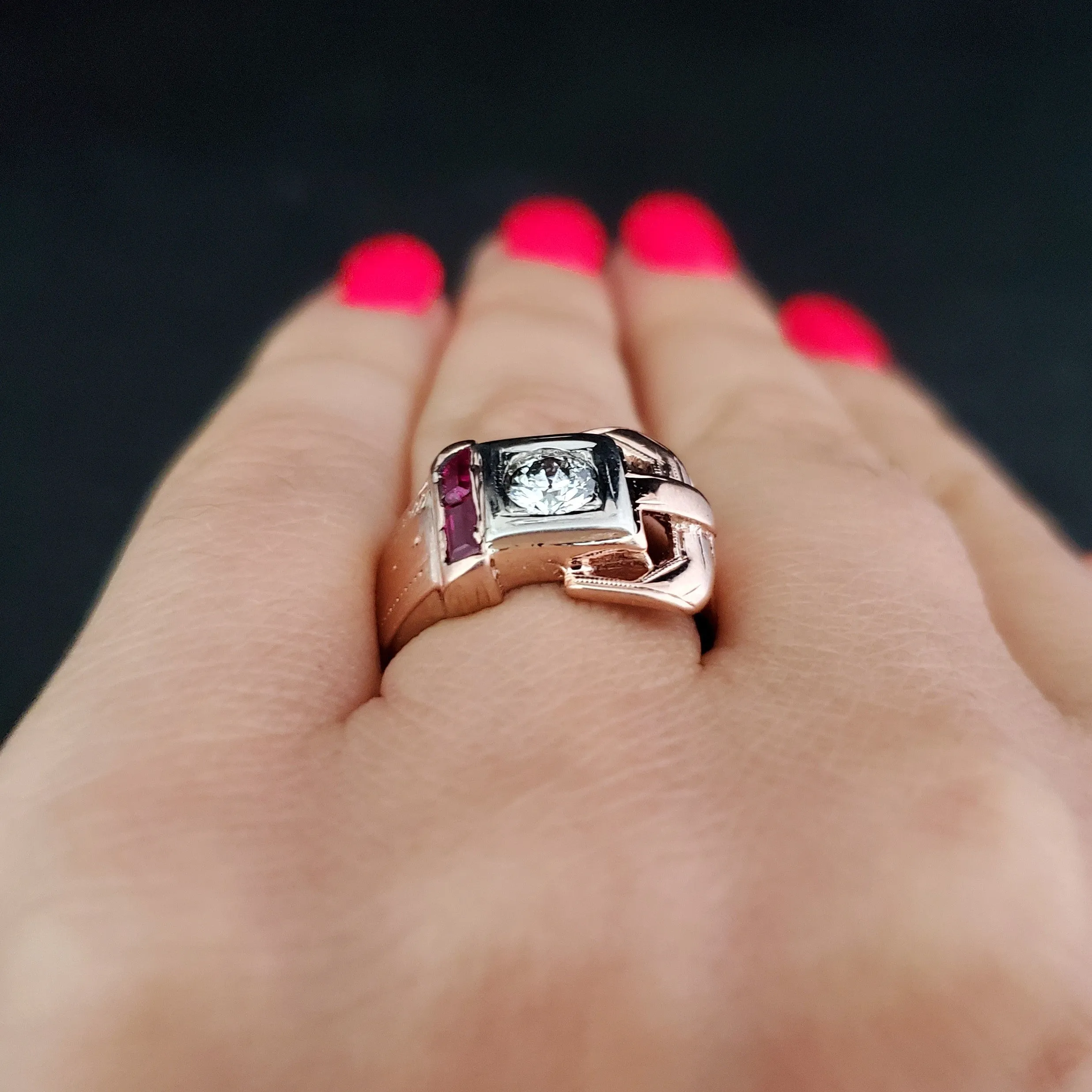 The Lombardy - 1940s Retro Era Diamond Ruby 14k Rose Gold Belt Buckle Cocktail Ring